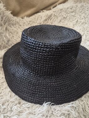 J. Crew Black Woven Straw Boater Hat